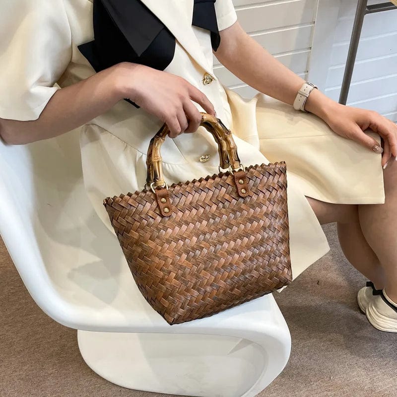 Woven Wicker Bag | Kayna Brown Ribbon